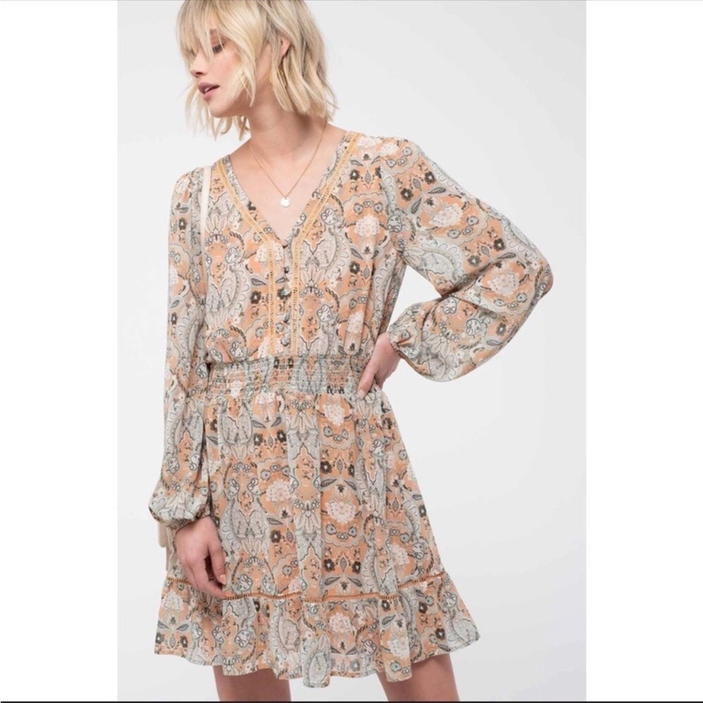 Blu Pepper Paisley Smocked Waist Long Sleeve Mini Dress - Peach